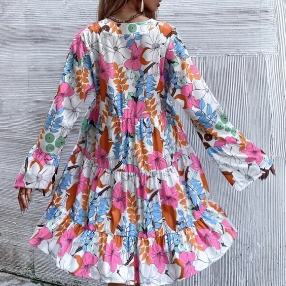 Boho Pink Floral Print Smock Ruffle Mini Dress - Picture 4 of 6